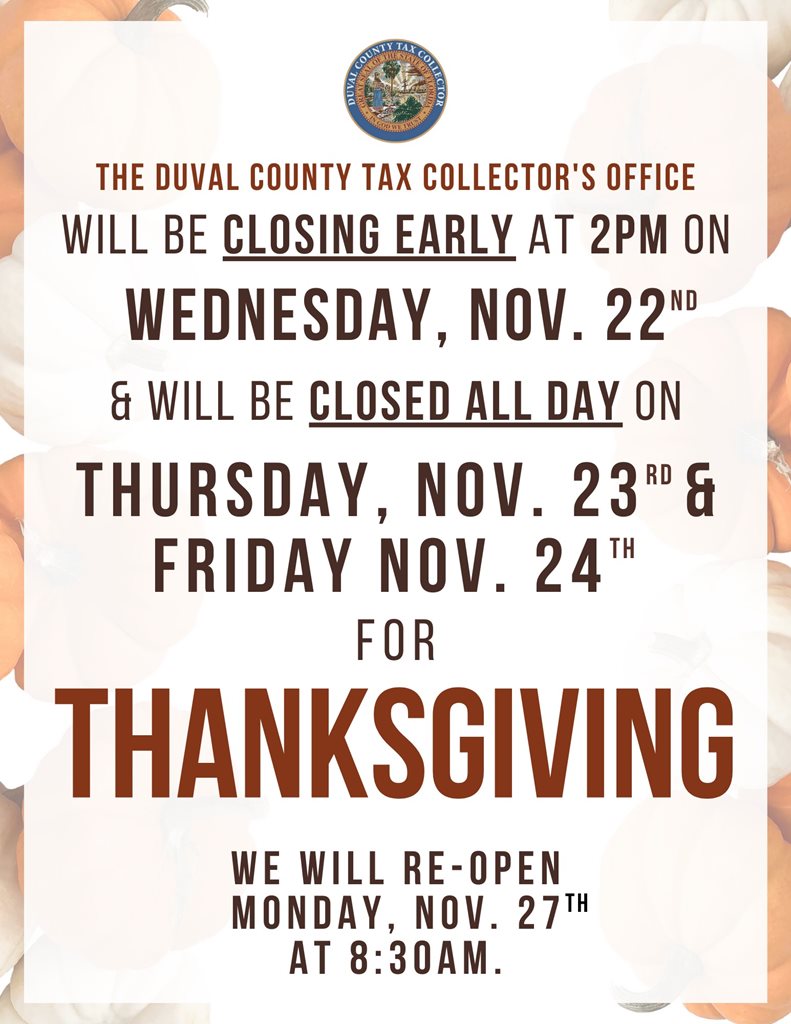 A graphic stating the offices will close early the day before Thanksgiving and be closed on Thanksgiving and the day afterwards.