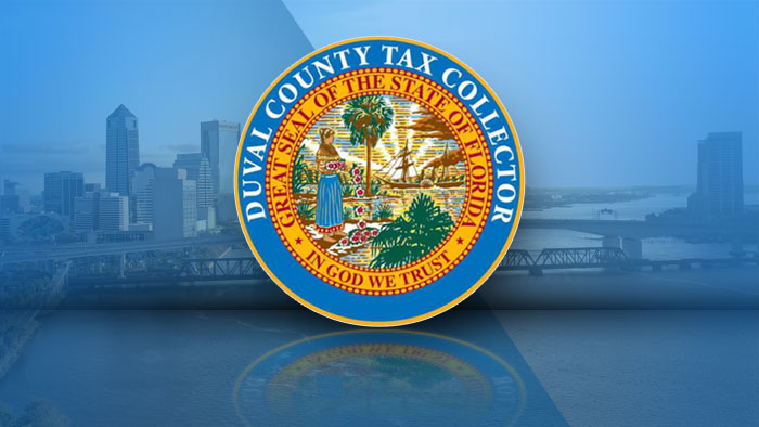 An image of the tax collector seal overlayed over an image of downtown Jacksonville